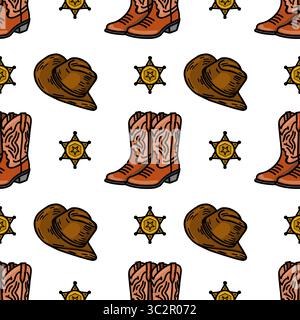 Un motivo vettoriale senza cuciture con stivali da cowboy, cappelli da cowboy e stelle dello sceriffo, il tutto in un design divertente e colorato. Ideale per il tema occidentale Illustrazione Vettoriale