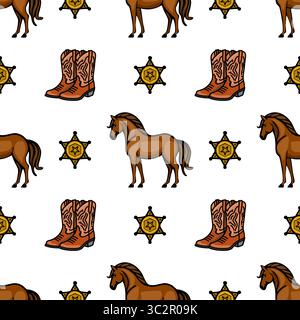 Un motivo vettoriale ripetuto con cavalli marroni, stivali da cowboy e stelle dello sceriffo su sfondo bianco. Il design è giocoso e western-the Illustrazione Vettoriale