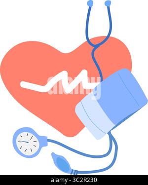 Immagine vettoriale piatta del monitoraggio della salute del cuore con simbolo del cuore, linea del polso e misuratore della pressione sanguigna. Rappresenta la diagnostica medica, il controllo dell'ipertensione e l'assistenza cardiovascolare. Illustrazione Vettoriale