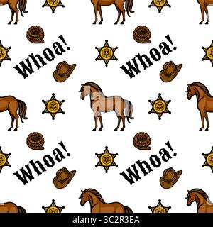 Un divertente schema vettoriale con cavalli marroni, stelle dello sceriffo, cappelli da cowboy e la parola Whoa! in grassetto. Il design è colorato e divertente Illustrazione Vettoriale