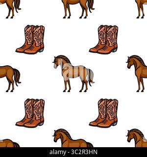 Un motivo vettoriale ripetuto con cavalli in stile cartoni animati e stivali da cowboy su sfondo bianco. I cavalli sono marroni con una posizione giocosa, W Illustrazione Vettoriale