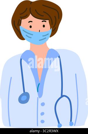 Disegnato a mano carattere medico femminile in maschera medica in doodle piatto. Concetto di assistenza sanitaria, personale medico, operaio ospedaliero e infermiere o medico professionista. Illustrazione Vettoriale