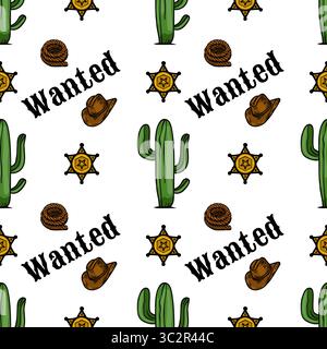 Un divertente motivo vettoriale con cactus, stelle dello sceriffo, cappelli da cowboy e la parola desiderata in un tema western. Ideale per design in tessuto o a tema Illustrazione Vettoriale