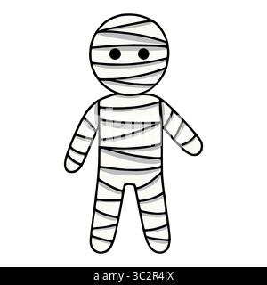 Adorabile illustrazione vettoriale di una mummia cartoni animati, perfetta per i disegni di Halloween, con uno stile semplice e un contorno nero. Illustrazione Vettoriale