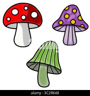 Una stravagante illustrazione vettoriale con tre funghi cartoni animati unici: Un classico sgabello rosso con macchie bianche, un fungo viola con puntini gialli Illustrazione Vettoriale