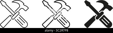 Set di icone martello e cacciavite incrociati. Collezione di simboli silhouette e di contorno degli strumenti di costruzione, riparazione e manutenzione. Fai da te e Handyman Illustrazione Vettoriale