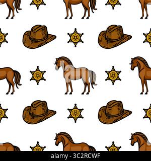 Un modello vettoriale ripetuto con cavalli marroni, cappelli da cowboy e stelle dello sceriffo su sfondo bianco. Il design è divertente e adatto Illustrazione Vettoriale