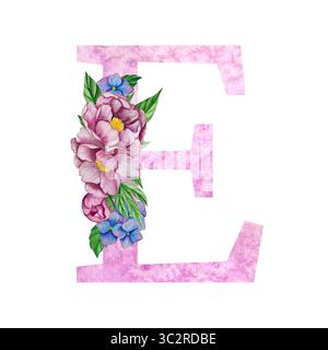 Alfabeto floreale, lettere con fiori e foglie di acquerello. Iniziali monogramma perfette per inviti di nozze, biglietti d'auguri, logo, poster e altro Foto Stock