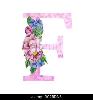 Alfabeto floreale, lettere con fiori e foglie di acquerello. Iniziali monogramma perfette per inviti di nozze, biglietti d'auguri, logo, poster e altro Foto Stock
