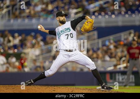 28 luglio 2019, Miami, FL, Stati Uniti: Il lanciatore dei Miami Marlins Nick Anderson (70) lancia un pitch nell'ottavo inning contro gli Arizona Diamondbacks domenica 28 luglio 2019 al Marlins Park di Miami, Flag. (Credit Image: © TNS via ZUMA Wire) Foto Stock