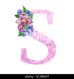 Alfabeto floreale, lettere con fiori e foglie di acquerello. Iniziali monogramma perfette per inviti di nozze, biglietti d'auguri, logo, poster e altro Foto Stock