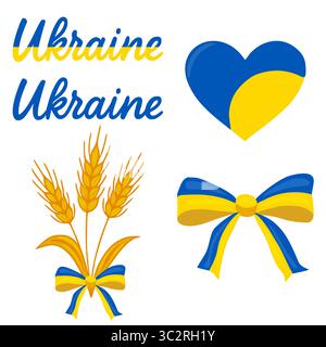 Una vivace illustrazione vettoriale con i colori della bandiera Ucraina in un cuore, gambi di grano e archi, accompagnata da testo stilizzato Ucraina. Illustrazione Vettoriale