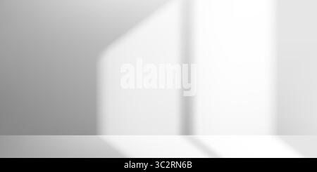 Le ombre delle finestre giocano sulle pareti bianche in una luce solare delicata. Atmosfera soffusa e da sogno con rivestimento trasparente. Perfetta scena ispirata alla natura per un'esposizione pulita dei prodotti. Illustrazione Vettoriale