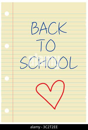 Illustrazione Back to School con un'icona a forma di cuore rossa scritta a mano con matita blu su carta rivestita di giallo. Foto Stock