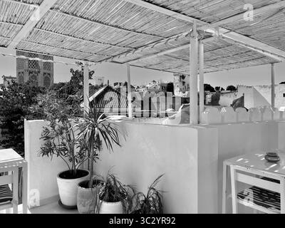 Terrazza sul tetto nella Kasbah di Tangeri, un'invitante miscela di ombra di bambù, piante in vaso e viste sui tradizionali tetti di tegole verdi. 10 giugno 2024. Foto Stock