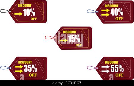 Set vettoriale di sconti con sconto del 10-55% sull'etichetta per la promozione e-commerce e l'offerta flash Illustrazione Vettoriale