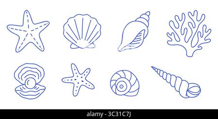 Set di 8 icone marine vettoriali con conchiglie, coralli, perle, conchiglie, stelle marine. Elementi vettoriali modificabili con contorno blu Illustrazione Vettoriale