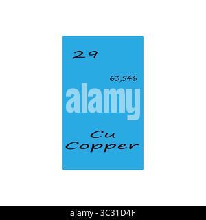 Illustrazione dell'elemento in rame. Ventinove numeri atomici. Simbolo chimico Cu. Sfondo vettoriale blu. Illustrazione Vettoriale