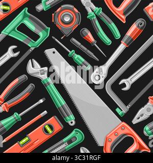 Vector hardware Tools motivo senza cuciture, sfondo decorativo con una collezione di strumenti di ferramenta volanti per avvolgere la carta, cartellino quadrato con gruppo o. Illustrazione Vettoriale