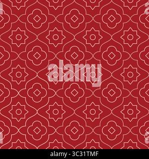 Sfondo floreale con linea sottile in oro astratto geometrico. Piastrella in stile orientale con motivo rosso senza cuciture. Illustrazione Vettoriale