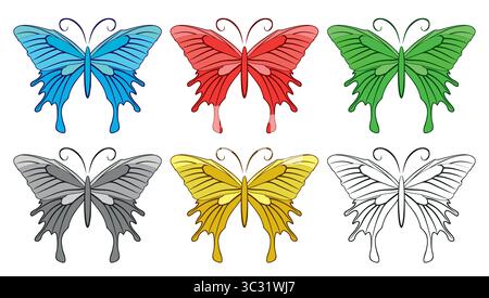 Un insieme di farfalle di diversi colori. Illustrazione Vettoriale