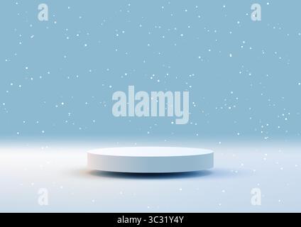il podio bianco 3d si erge sulla neve sotto un cielo azzurro soffice con fiocchi di neve cadenti, progettato per mostrare prodotti invernali, un marchio elegante e un design minimalista Illustrazione Vettoriale