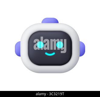 Simpatico viso robot sorridente con occhi e bocca azzurri brillanti. INTELLIGENZA ARTIFICIALE, chatbot, tecnologia e robotica. icona vettoriale 3d. Stile minimalista cartoni animati. Illustrazione Vettoriale