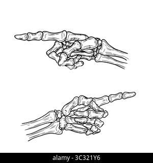 Punta la mano dello scheletro con il dito osseo, set di silhouette, schizzo in bianco e nero. Illustrazione vettoriale. La mano di un uomo morto, isolata sul bianco Illustrazione Vettoriale