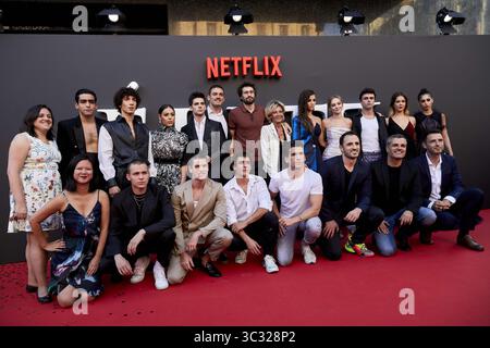 29 agosto 2019, Madrid, Spagna: Miguel Bernadeau, Danna Paola, mina El Hammani, Omar Ayuso, Aron Piper, Itzan Escamilla, Ester Exposito, Alvaro Rico, Claudia Salas, Jorge Lopez, Georgina Amoros, Miguel Herran, Jaime Lorente partecipa alla prima ELITE al Callao City Lights di Madrid. (Immagine di credito: © Legan P. Mace/SOPA Images via ZUMA Wire) Foto Stock