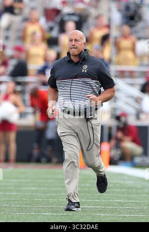 31 agosto 2019; Chestnut Hill, Massachusetts, USA; Steve Addazio, allenatore dei Boston College Eagles, durante la partita di football NCAA tra Virginia Tech Hokies e Boston College Eagles all'Alumni Stadium. Anthony Nesmith/CSM(immagine di credito: &Copy; Anthony Nesmith/CSM tramite cavo ZUMA) Foto Stock