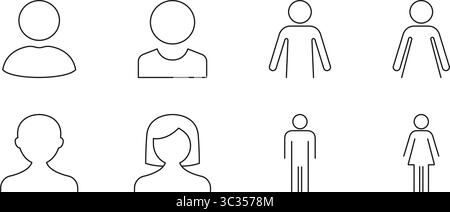 Icone profilo utente e sesso impostate. Collezione di simboli di silhouette maschili e femminili. Interfaccia utente e Avatar sui social media. Tratto modificabile. Isolato Illustrazione Vettoriale
