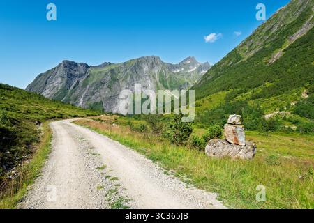 Una strada sterrata si snoda attraverso lussureggianti vallate verdi e torreggianti montagne, offrendo un'esperienza all'aria aperta serena in una giornata di sole. Foto Stock