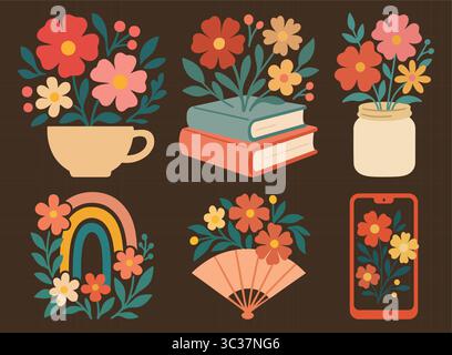 Set di illustrazioni per oggetti floreali Fiori in tazza, libri, vaso, arcobaleno, ventilatore, e telefono Illustrazione Vettoriale