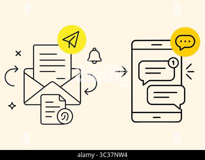 Icona di messaggistica e notifica e-mail Imposta il vettore Line Art per gli avvisi di chat mobile e e-mail Illustrazione Vettoriale