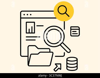 Icona ricerca dati e analisi file lente di ingrandimento, cartella, grafico e vettore UI browser Illustrazione Vettoriale