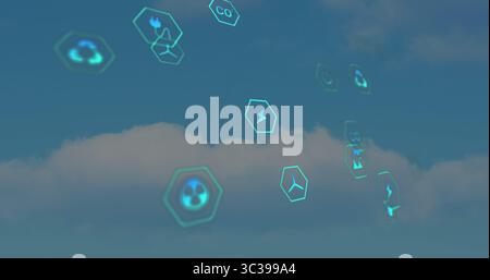 Icone esagonali turchesi fluttuanti che si innalzano sul cielo blu aperto, con simboli di energia ambientale Foto Stock