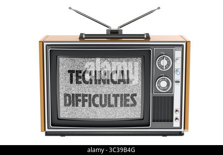 TV retrò con testo relativo a problemi tecnici. Rendering 3D isolato su sfondo bianco Foto Stock