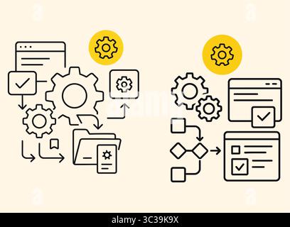 Icona automazione flusso di lavoro Imposta Ottimizzazione processo, Impostazioni, diagramma di flusso e vettori dell'interfaccia utente di sistema Illustrazione Vettoriale