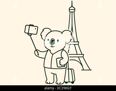 Carino Koala Tourist alla Torre Eiffel, illustrazione d'arte sulla linea di viaggio di Parigi Illustrazione Vettoriale
