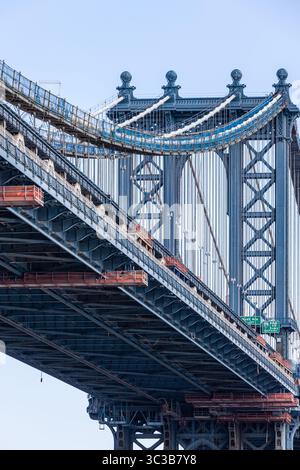 Il molo nord del ponte di Manhattan, visto dall'East River Foto Stock