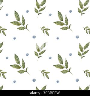 Motivo acquerello senza cuciture con ciuffi di foglie verdi e mirtilli su sfondo bianco. Design disegnato a mano per tessuti, imballaggi, arredi per cucine e progetti di cartoleria. Foto Stock