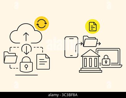 Icona Finance and file Management Set Line Art Vector per Mobile Banking e Cloud Document Systems Illustrazione Vettoriale