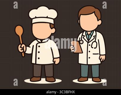 . Cuoco maschile senza volto e personaggi di Doctor Cartoon professione carina Clipart for Kids Illustrazione Vettoriale