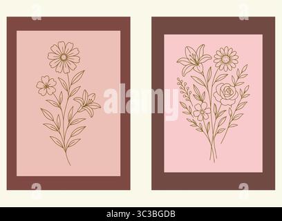 Elegante set di poster in stile Art floreale della linea botanica, decorazioni da parete rosa e oro Illustrazione Vettoriale
