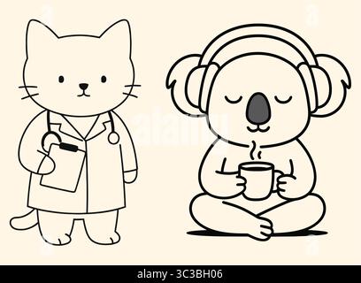 Cute Cat Doctor & Relaxing Koala Self-Care and Work Animal Line Art Illustrazione Vettoriale
