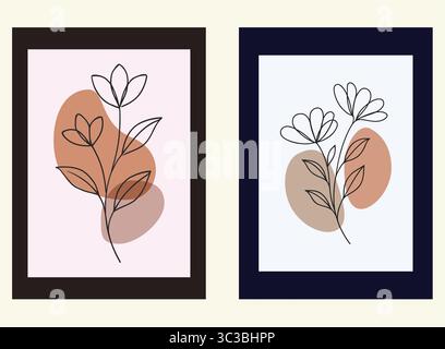 Set di stampe botaniche astratte Art Neutral Line Art Flower Wall Illustrazione Vettoriale