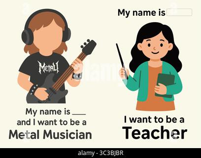 "My First Jobs" poster modificabile Metal Musician & Teacher Career Templates for Kids Illustrazione Vettoriale