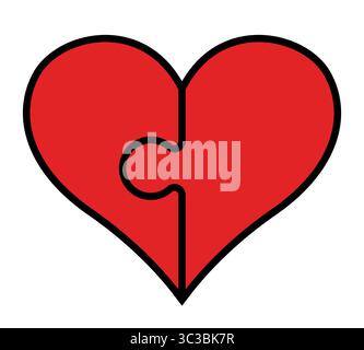 simbolo del cuore composto da due pezzi del puzzle, illustrazione di due metà di una forma di cuore isolata sul bianco Illustrazione Vettoriale