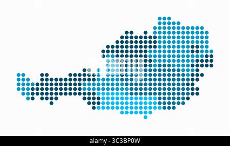 Mappa tratteggiata dell'Austria. Mappa digitale del paese su sfondo bianco. Forma austriaca con punti circolari. Stile puntini colorati. Cerchi di grandi dimensioni. Illustrazione Vettoriale