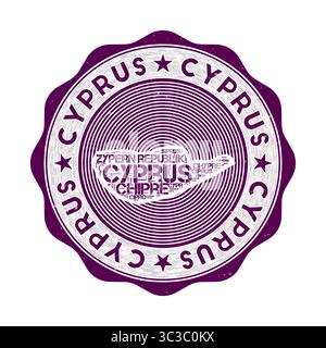 Sigillo di Cipro. Logo rotondo del paese con la forma di Cipro e il nome del paese in più lingue wordcloud. Emblema fantastico. Bella illustrazione vettoriale. Illustrazione Vettoriale